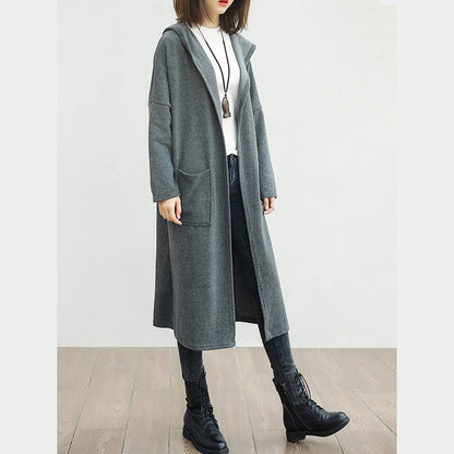 Fine Black Woolen Outwear Oversized Big Pockets Long Coats Hooded Jackets
