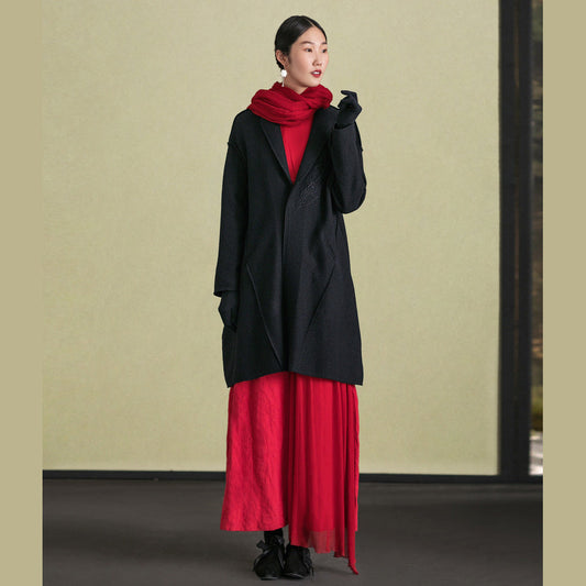 Fine Black Woolen Outwear Long Sleeve Jackets & Coats Embroidery Coats