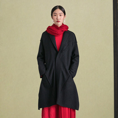 Fine Black Woolen Outwear Long Sleeve Jackets & Coats Embroidery Coats