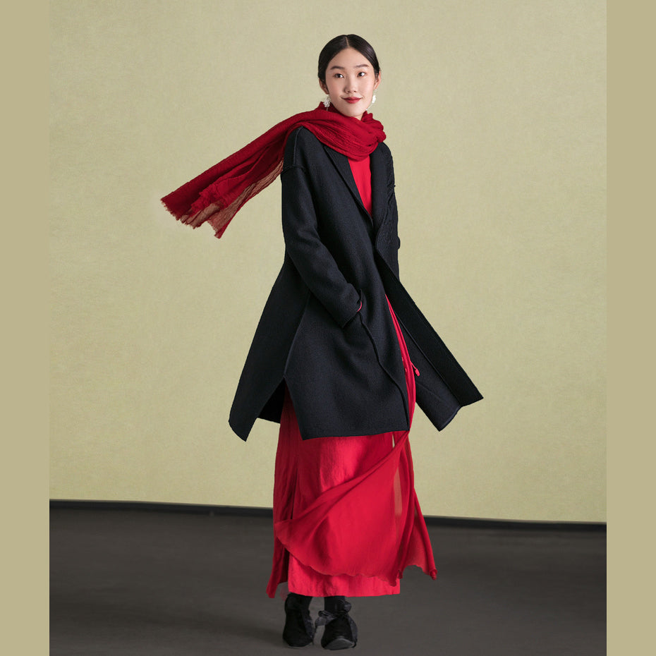 Fine Black Woolen Outwear Long Sleeve Jackets & Coats Embroidery Coats