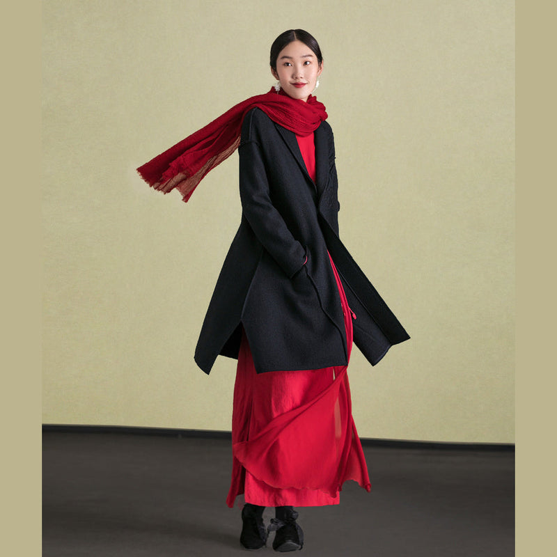 Fine Black Woolen Outwear Long Sleeve Jackets & Coats Embroidery Coats