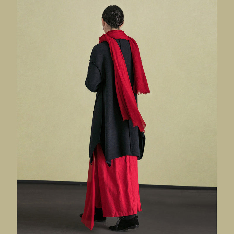Fine Black Woolen Outwear Long Sleeve Jackets & Coats Embroidery Coats