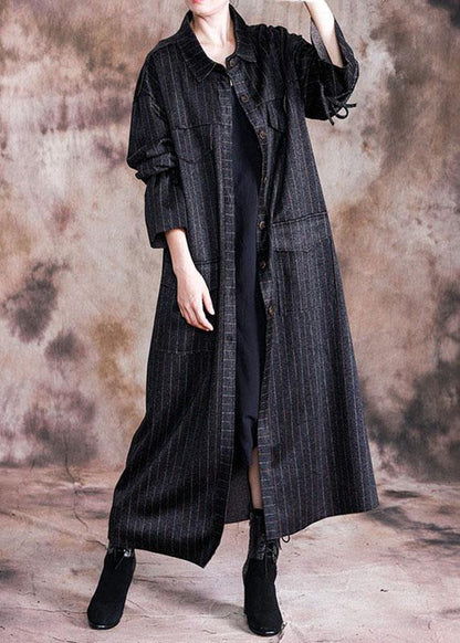 Fine Black Woolen Overcoat Oversize Coats Fall Coats Striped