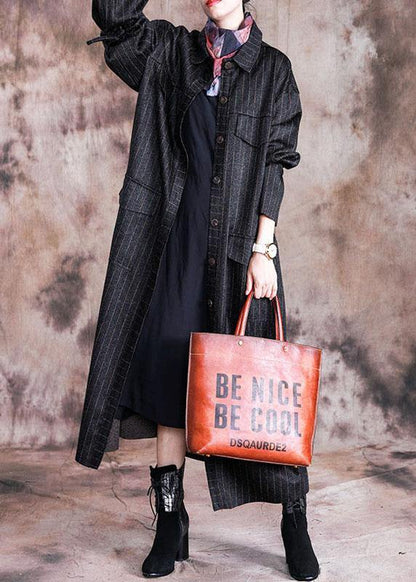 Fine Black Woolen Overcoat Oversize Coats Fall Coats Striped