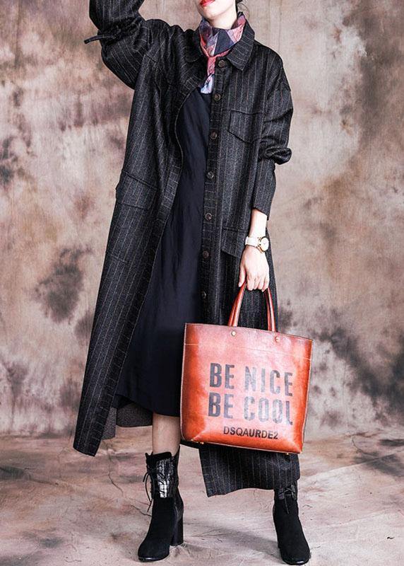 Fine Black Woolen Overcoat Oversize Coats Fall Coats Striped