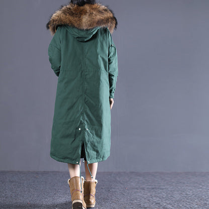 Fine Blackish Green Puffers Jackets Clothing Hooded Fur Collar Quilted Coat New Drawstring Pockets Winter Outwear