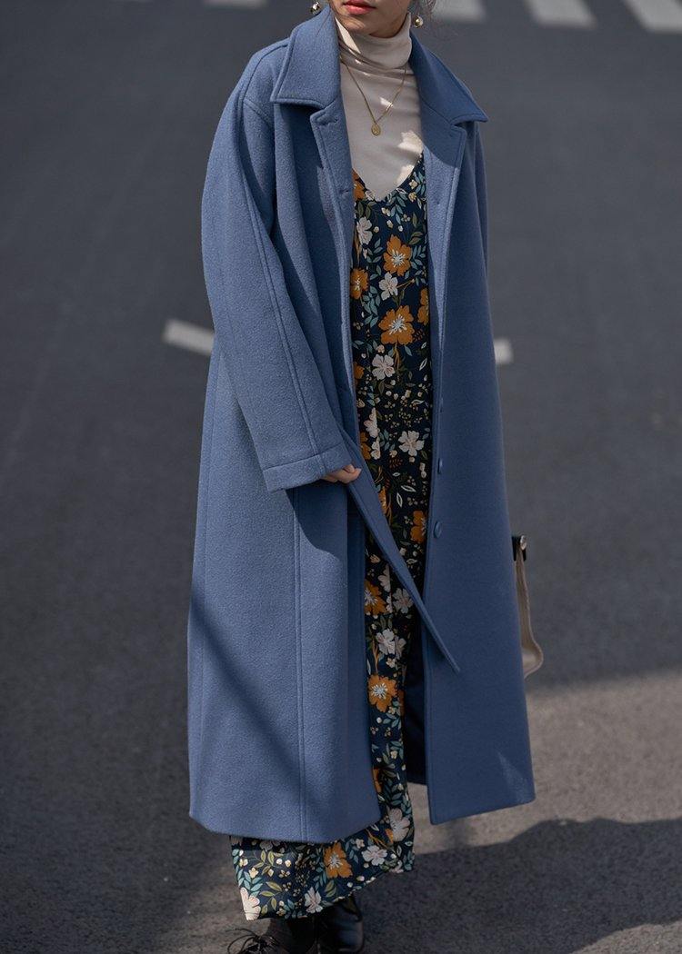 Blue Woolen Coats Oversize Notched Tie Waist Long Coat
