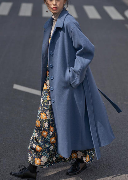 Blue Woolen Coats Oversize Notched Tie Waist Long Coat