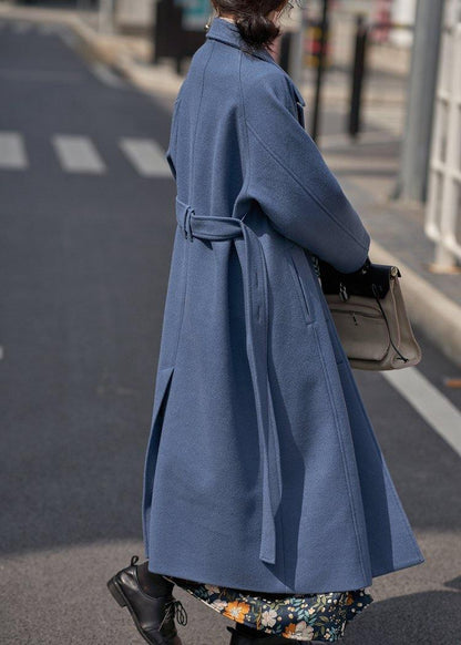 Blue Woolen Coats Oversize Notched Tie Waist Long Coat