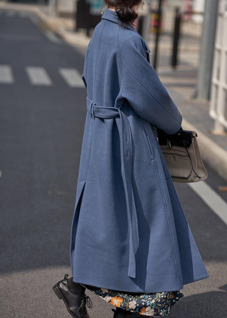 Blue Woolen Coats Oversize Notched Tie Waist Long Coat