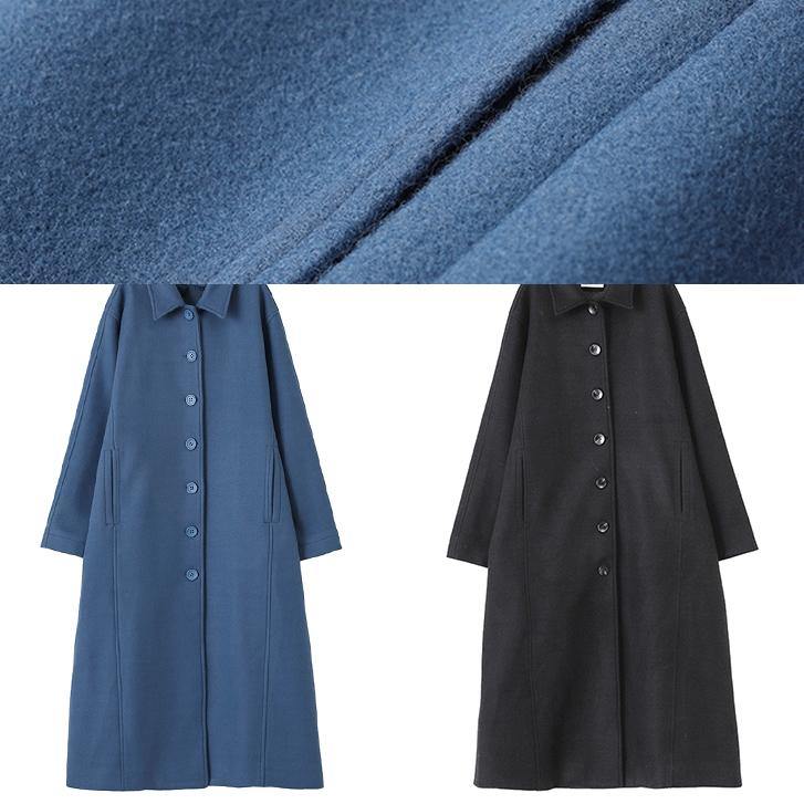 Blue Woolen Coats Oversize Notched Tie Waist Long Coat