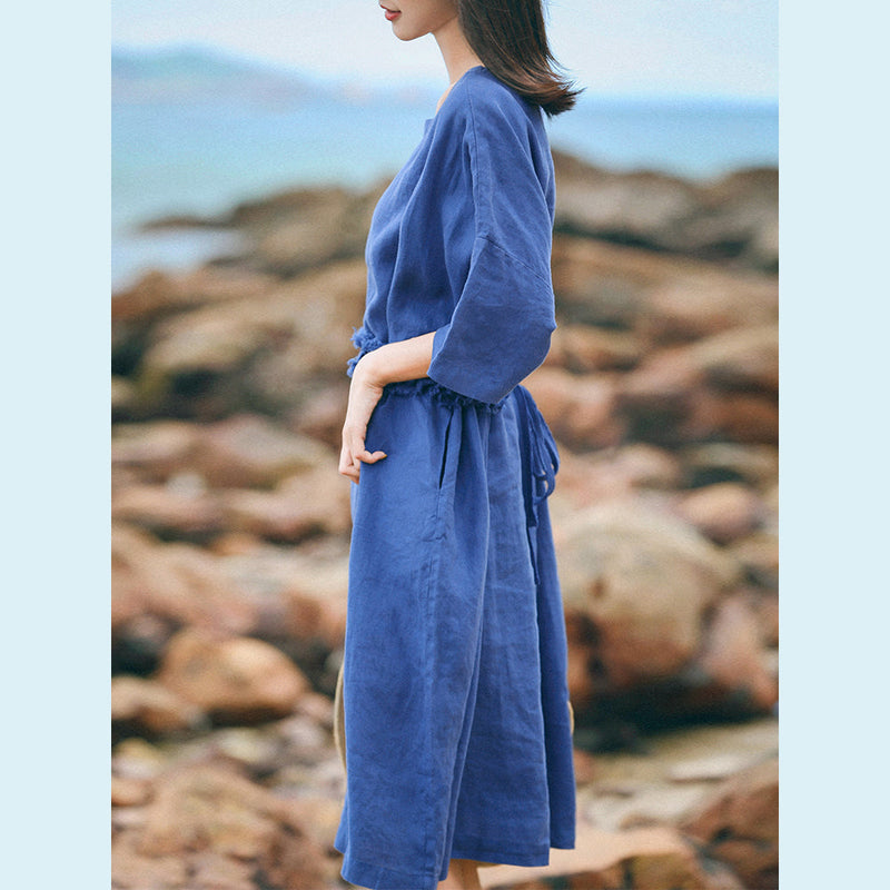Fine Blue Linen Caftans Clothing O Neck Baggy Dresses Linen Clothing Dresses Half Sleeve Linen Dresses