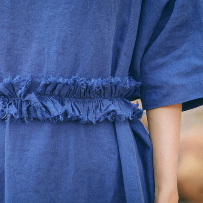 Fine Blue Linen Caftans Clothing O Neck Baggy Dresses Linen Clothing Dresses Half Sleeve Linen Dresses