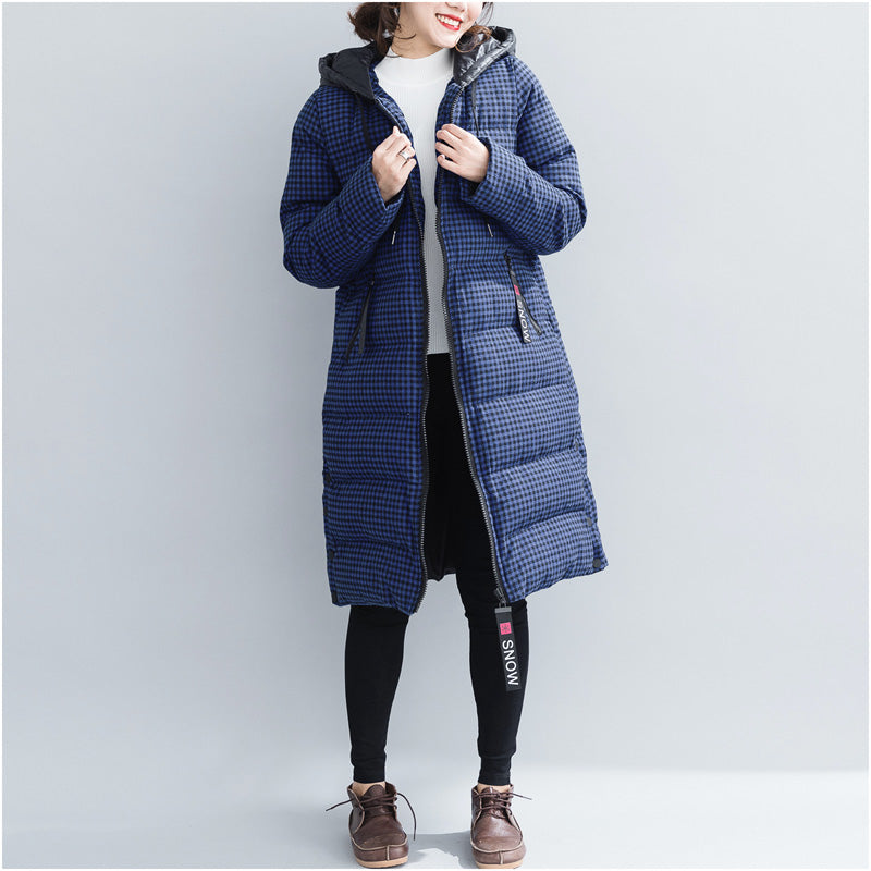 Fine Blue Plaid Winter Parkas Hooded Snow Jackets Thick Winter Coats