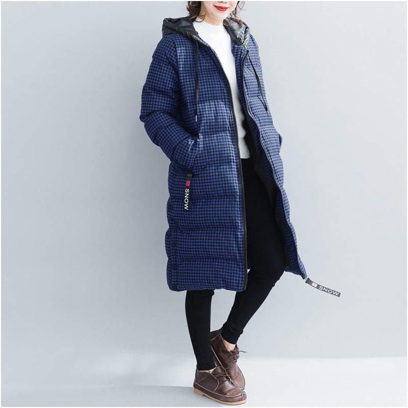 Fine Blue Plaid Winter Parkas Hooded Snow Jackets Thick Winter Coats