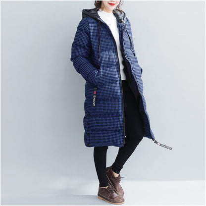 Fine Blue Plaid Winter Parkas Hooded Snow Jackets Thick Winter Coats