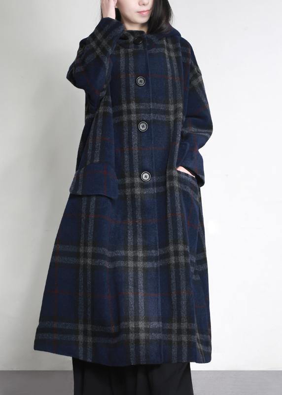 Fine Blue Plaid Woolen Overcoat Oversized Hooded Pockets Winter Coat Coats