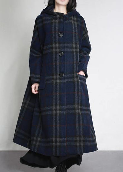 Fine Blue Plaid Woolen Overcoat Oversized Hooded Pockets Winter Coat Coats