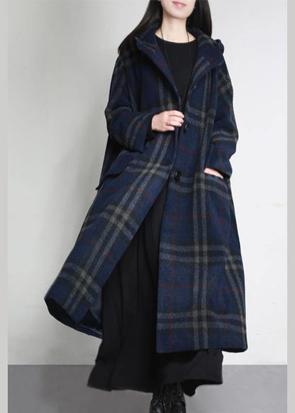 Fine Blue Plaid Woolen Overcoat Oversized Hooded Pockets Winter Coat Coats