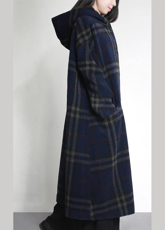 Fine Blue Plaid Woolen Overcoat Oversized Hooded Pockets Winter Coat Coats