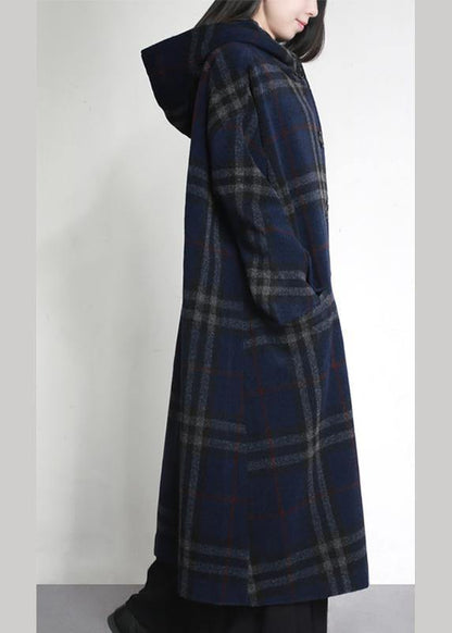 Fine Blue Plaid Woolen Overcoat Oversized Hooded Pockets Winter Coat Coats