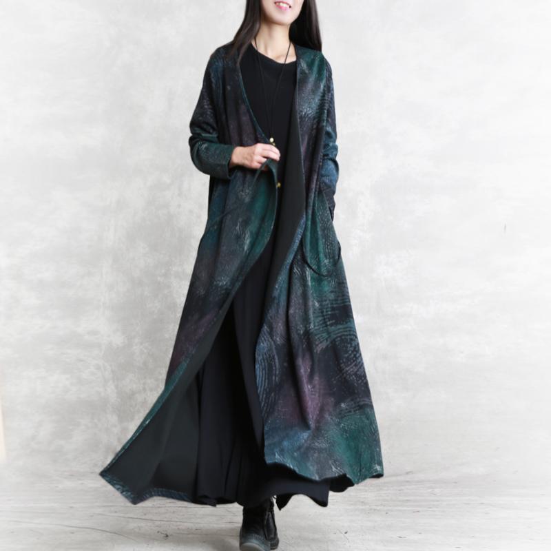 Fine Blue Print Fall Dress V Neck Tie Waist Tunic Caftans Fine Long Sleeve Pockets Maxi Dresses
