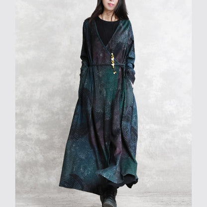 Fine Blue Print Fall Dress V Neck Tie Waist Tunic Caftans Fine Long Sleeve Pockets Maxi Dresses