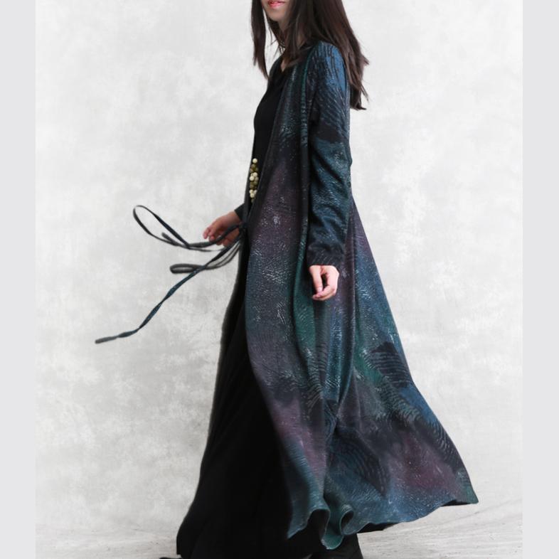 Fine Blue Print Fall Dress V Neck Tie Waist Tunic Caftans Fine Long Sleeve Pockets Maxi Dresses