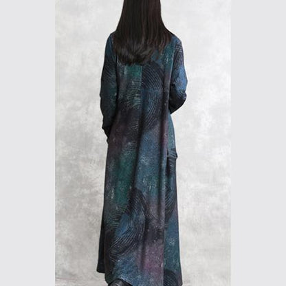 Fine Blue Print Fall Dress V Neck Tie Waist Tunic Caftans Fine Long Sleeve Pockets Maxi Dresses