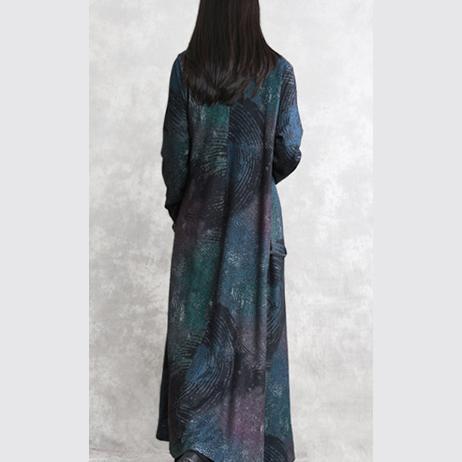 Fine Blue Print Fall Dress V Neck Tie Waist Tunic Caftans Fine Long Sleeve Pockets Maxi Dresses