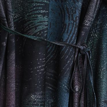 Fine Blue Print Fall Dress V Neck Tie Waist Tunic Caftans Fine Long Sleeve Pockets Maxi Dresses