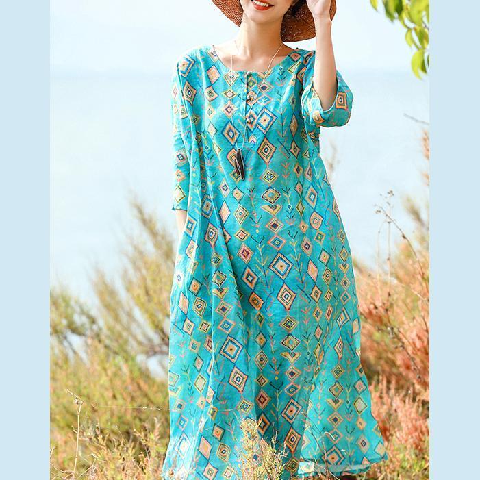Fine Blue Print Natural Linen Dress Clothing O Neck Linen Maxi Dress Half Sleeve Baggy Dresses