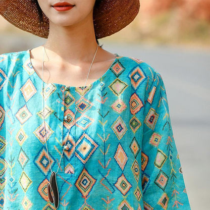 Fine Blue Print Natural Linen Dress Clothing O Neck Linen Maxi Dress Half Sleeve Baggy Dresses
