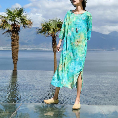 Fine Blue Print Natural Linen Dress O Neck Baggy Dresses New Three Quarter Sleeve Dresses