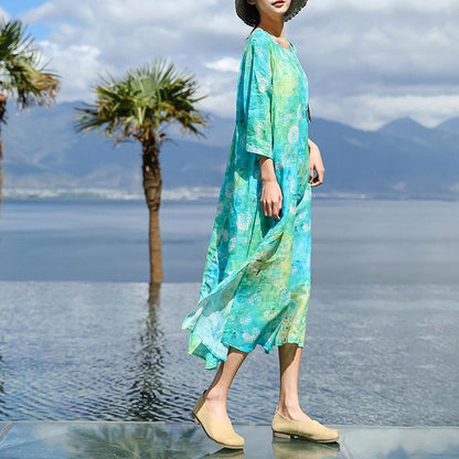 Fine Blue Print Natural Linen Dress O Neck Baggy Dresses New Three Quarter Sleeve Dresses