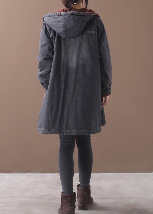 Fine Blue Winter Outwear Oversized Snow Jackets Patchwork Appliques Pockets Outwear