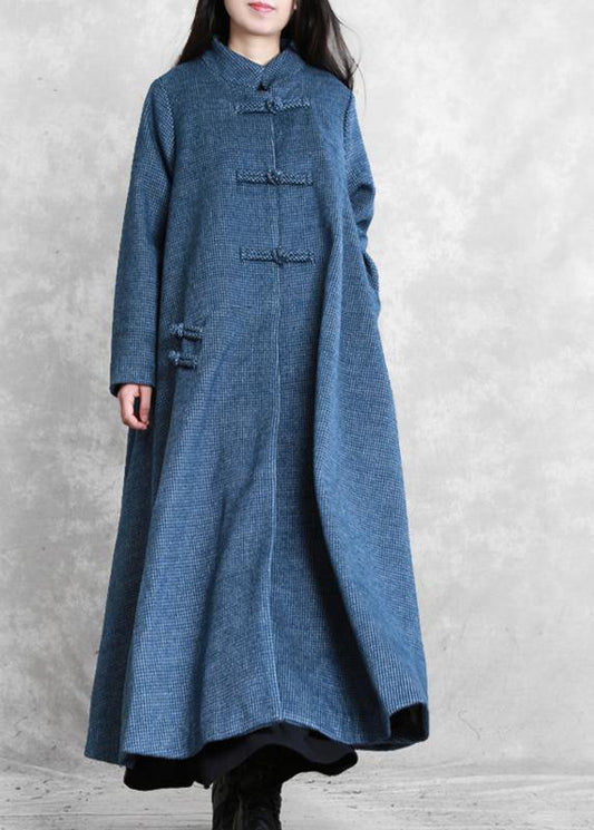 Fine Blue Wool Overcoat Loose Fitting Stand Collar Chinese Button Long Coats