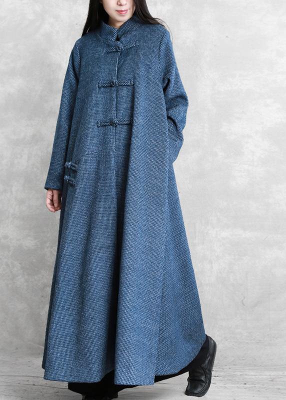 Fine Blue Wool Overcoat Loose Fitting Stand Collar Chinese Button Long Coats