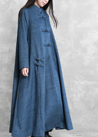 Fine Blue Wool Overcoat Loose Fitting Stand Collar Chinese Button Long Coats