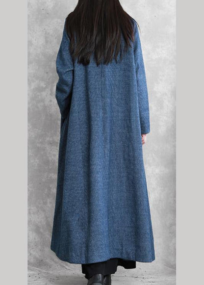 Fine Blue Wool Overcoat Loose Fitting Stand Collar Chinese Button Long Coats