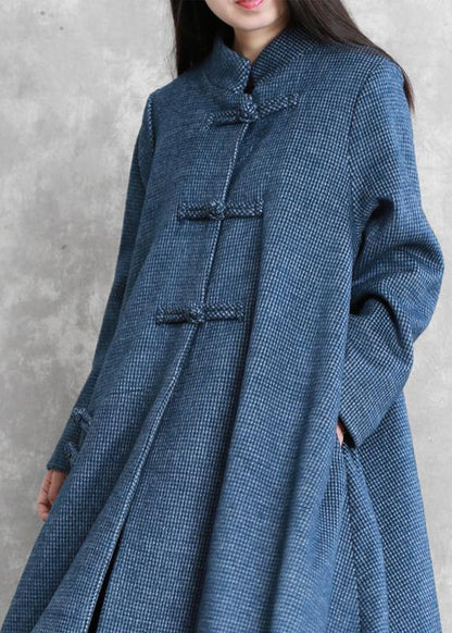 Fine Blue Wool Overcoat Loose Fitting Stand Collar Chinese Button Long Coats