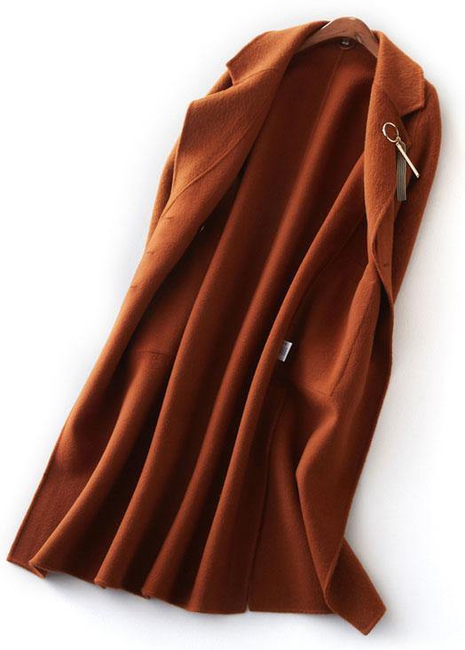 Fine Brown Woolen Coats Clothing Maxi Side Open Notched Coat