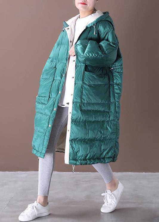 Down Jacket Coats Blue Green Hooded Pockets Goose Down Coat
