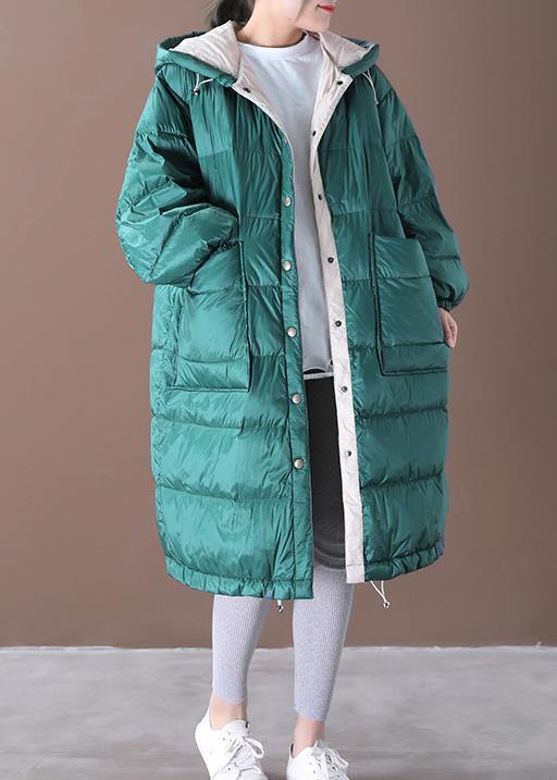Down Jacket Coats Blue Green Hooded Pockets Goose Down Coat
