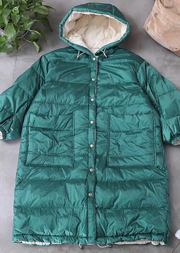 Down Jacket Coats Blue Green Hooded Pockets Goose Down Coat