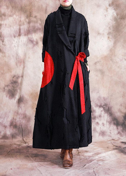 Fine Fall Coats Black Turn-down Collar Tie Waist Overcoat