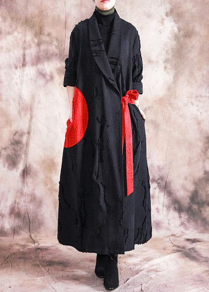 Fine Fall Coats Black Turn-down Collar Tie Waist Overcoat