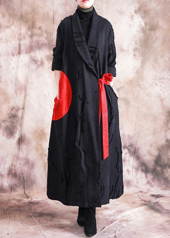 Fine Fall Coats Black Turn-down Collar Tie Waist Overcoat