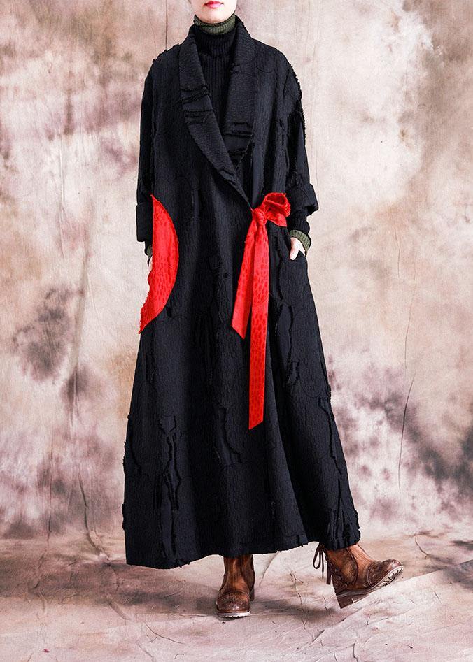 Fine Fall Coats Black Turn-down Collar Tie Waist Overcoat
