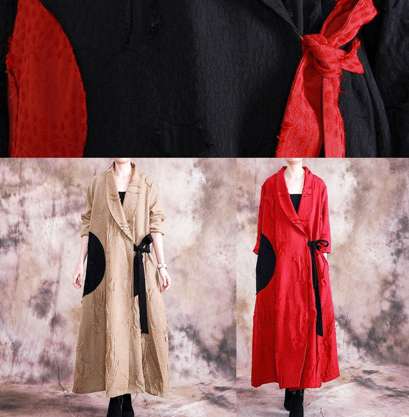 Fine Fall Coats Black Turn-down Collar Tie Waist Overcoat